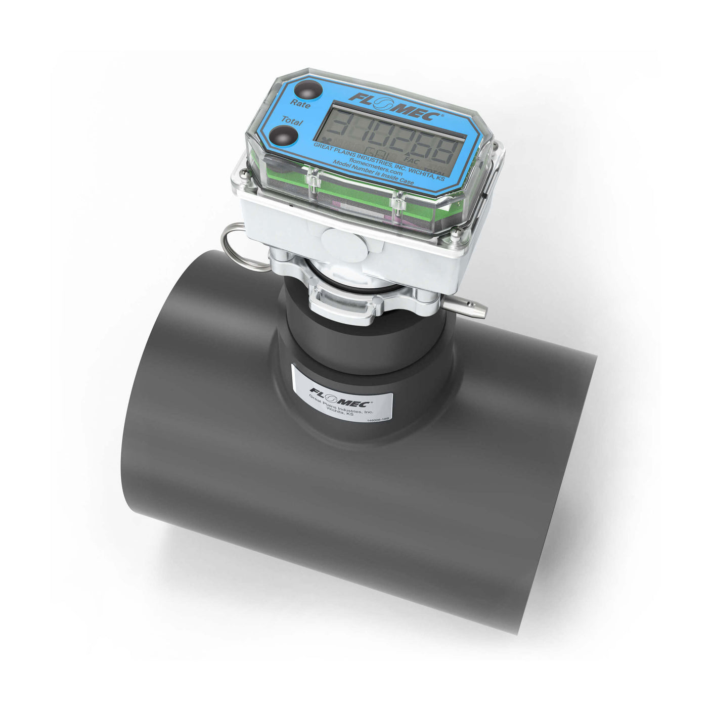 4" Ultrasonic Flow Meter with Digital Display, Schedule 80 PVC Tee, Socket