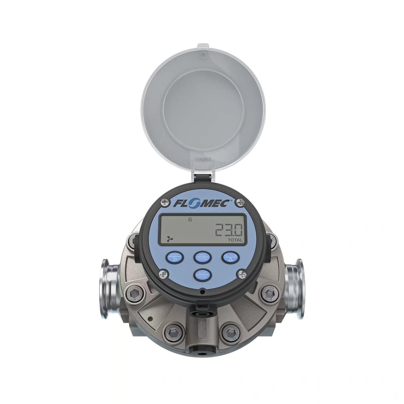 1-1/2" Oval Gear Stainless Steel Tri-Clamp Flow Meter, RT14 Transmitter with Built-In Digital Display